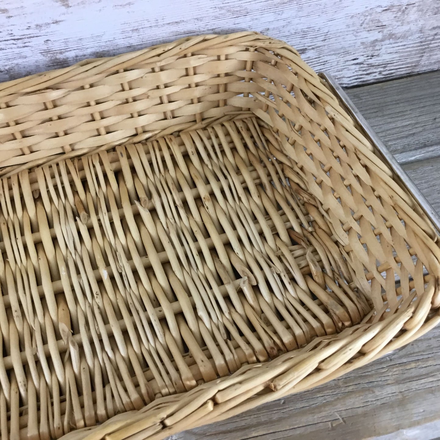 Vintage Glasbake 2½ Qt Rectangular Glass Dish w/ Wicker Basket & Metal Frame
