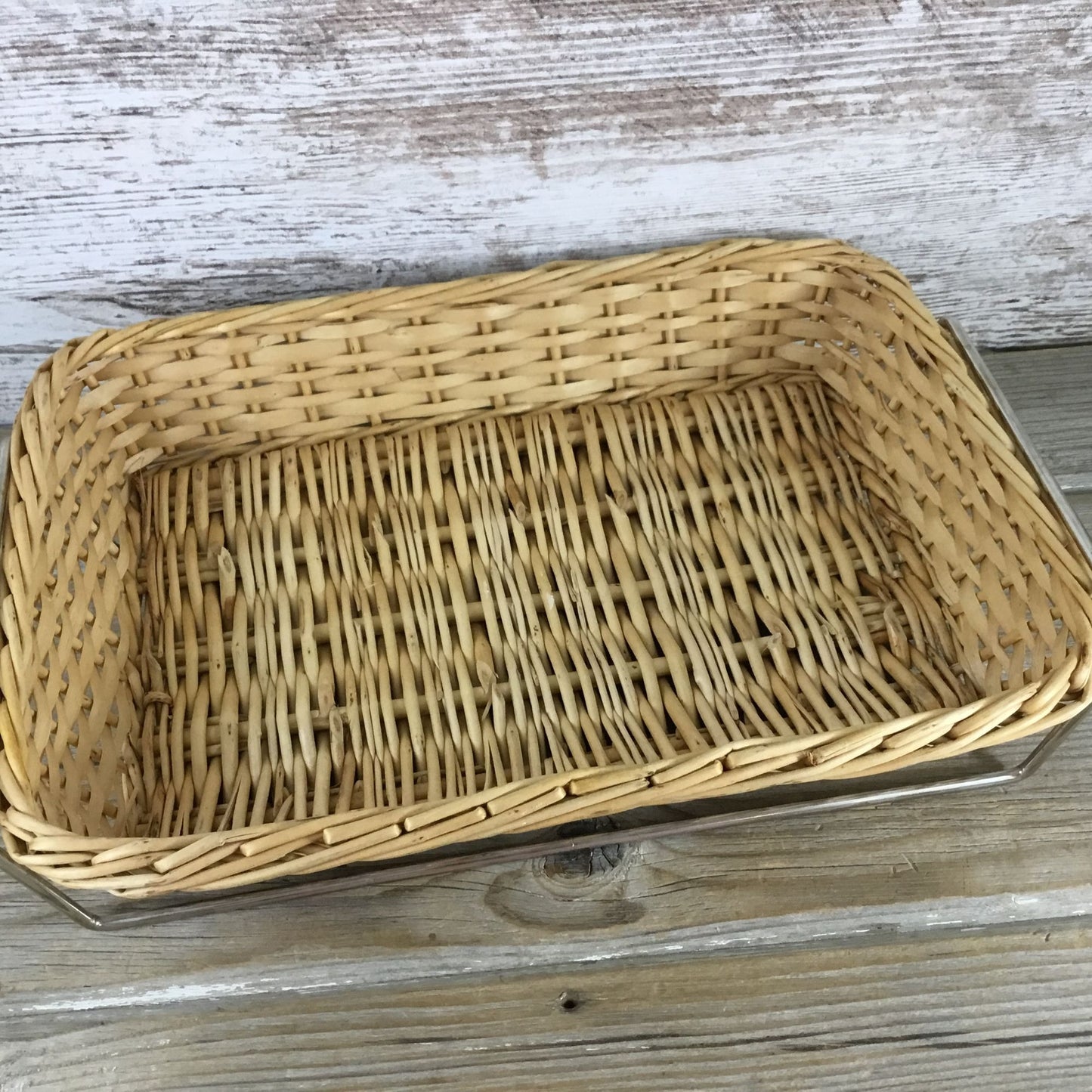 Vintage Glasbake 2½ Qt Rectangular Glass Dish w/ Wicker Basket & Metal Frame