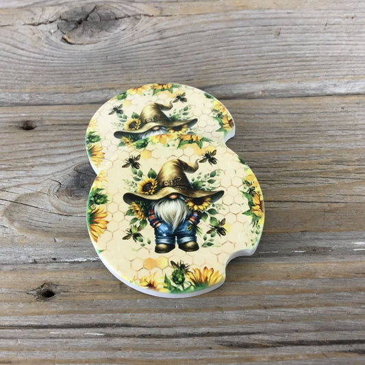 Set of 2 Sandstone Car Coasters With Gnome Sunflower & Bee Design