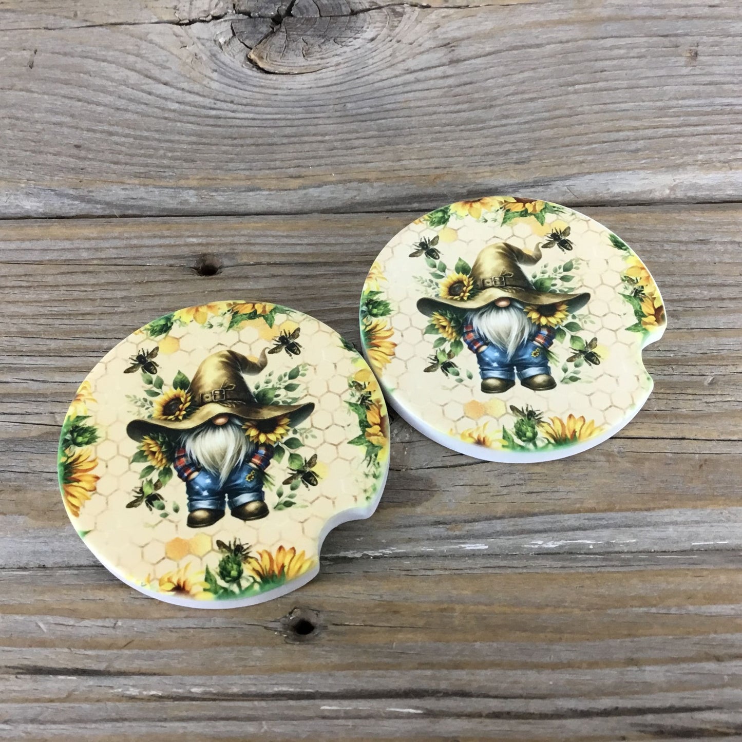 Gnome Sunflowers & Bee Design Set of 2 Sandstone Car Coasters