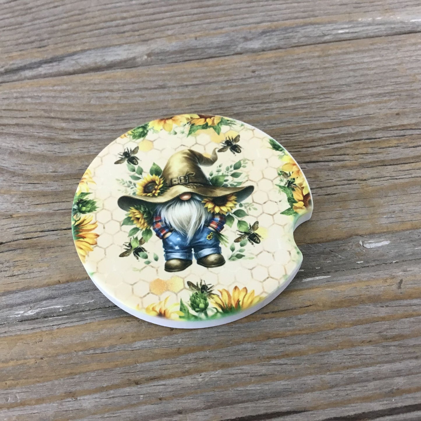 Gnome Sunflowers & Bee Design Set of 2 Sandstone Car Coasters