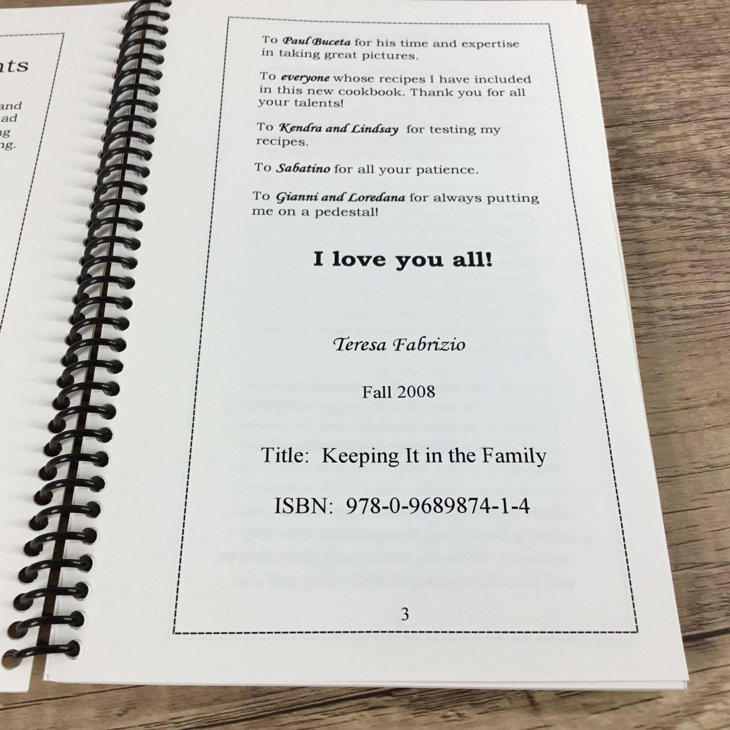 Keeping It In The Family Spiral-Bound Cookbook By Teresa Fabrizio 2008