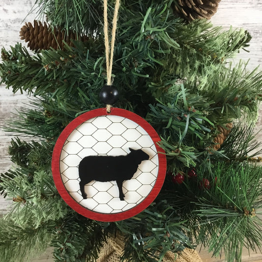 Sheep Rustic Farm Christmas Ornament with Laser-Cut Chicken Wire Pattern
