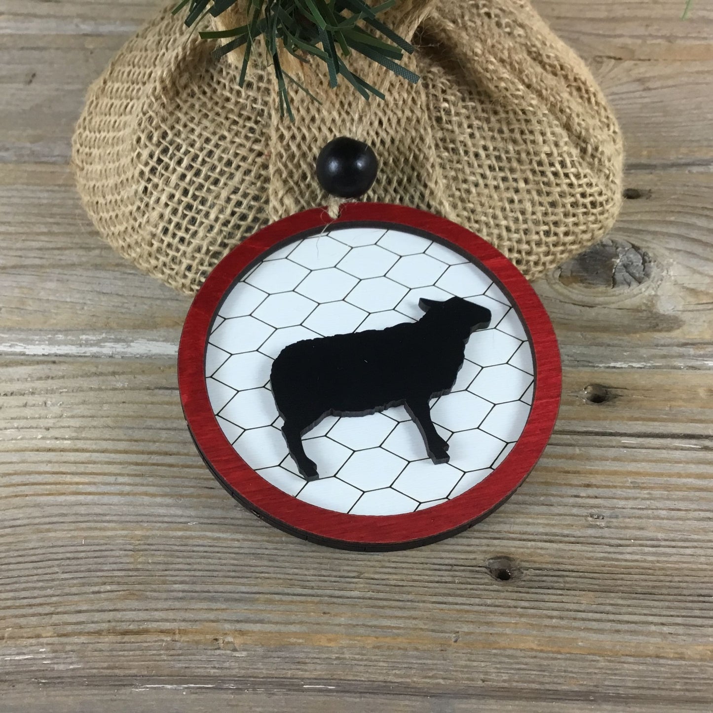 Sheep Rustic Farm Christmas Ornament with Laser-Cut Chicken Wire Pattern