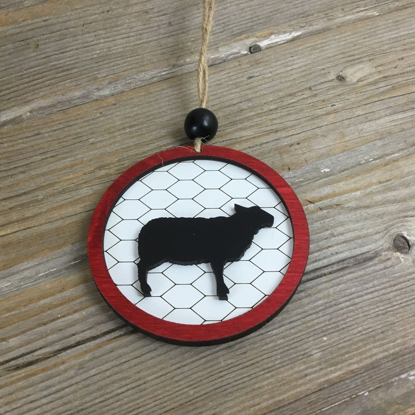 Sheep Rustic Farm Christmas Ornament with Laser-Cut Chicken Wire Pattern