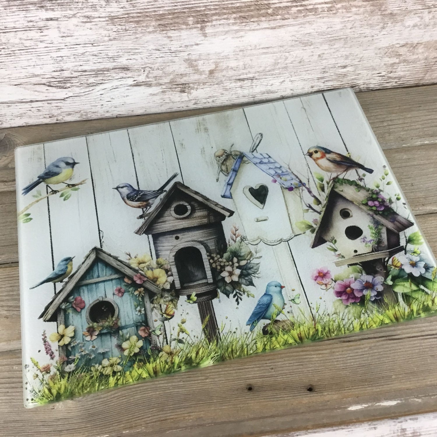 Rustic Birdhouse Glass Cutting Board