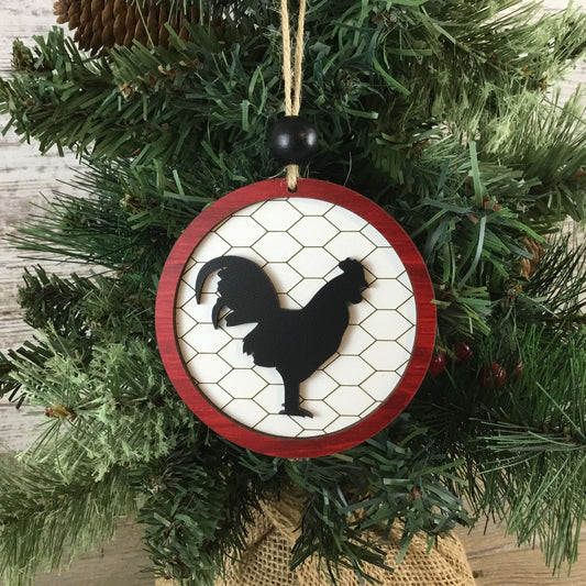 Rooster Rustic Farm Christmas Ornament with Laser-Cut Chicken Wire Pattern