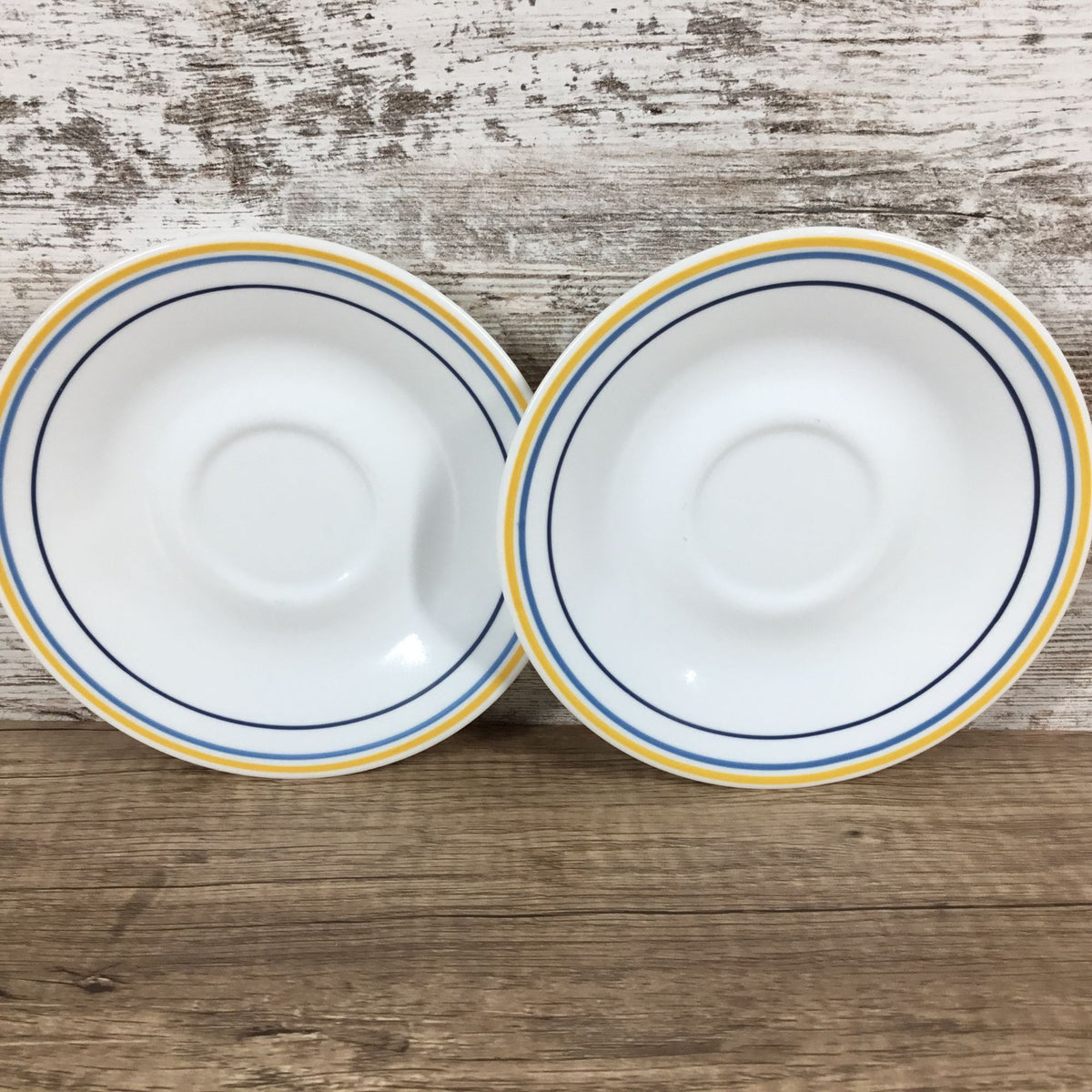 Corelle Casa Flora Yellow and Blue Three Ring Saucers 6 1/4”, Set Of Two
