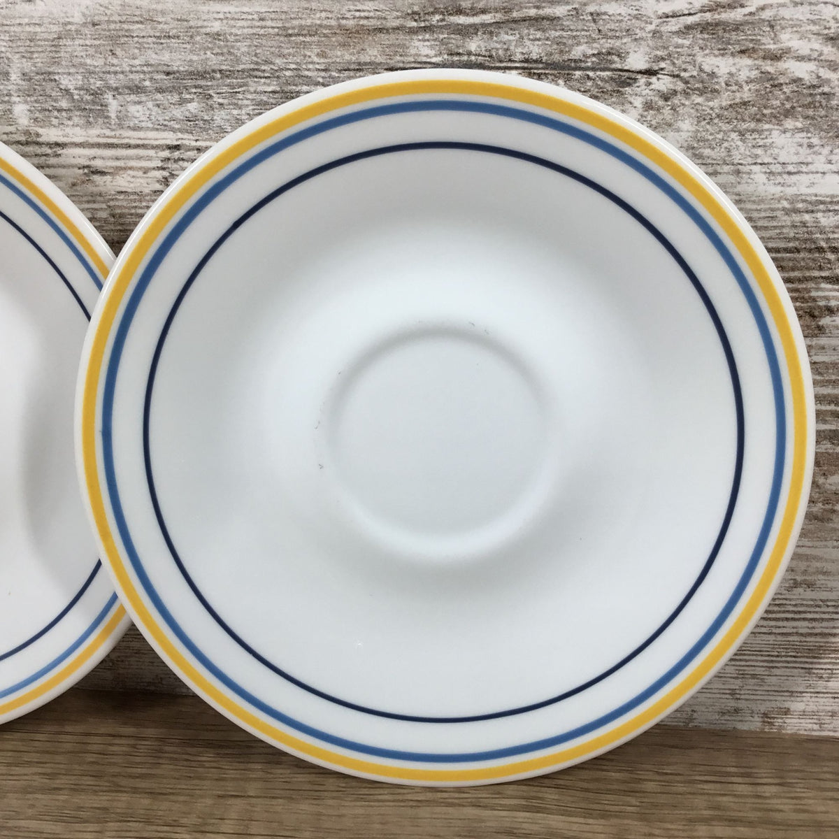 Corelle Casa Flora Yellow and Blue Three Ring Saucers 6 1/4”, Set Of Two