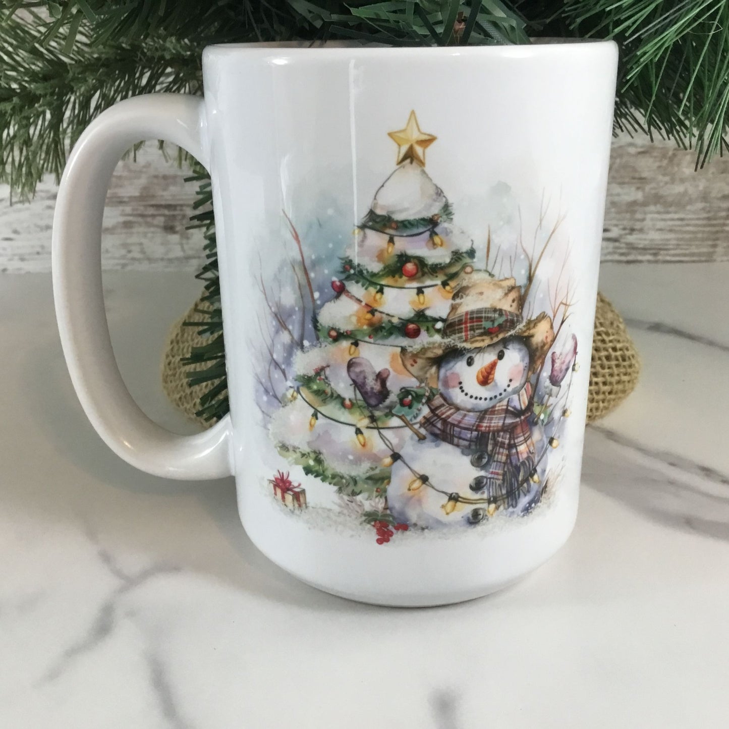 Rustic Snowman with Christmas Tree Ceramic Coffee Mug