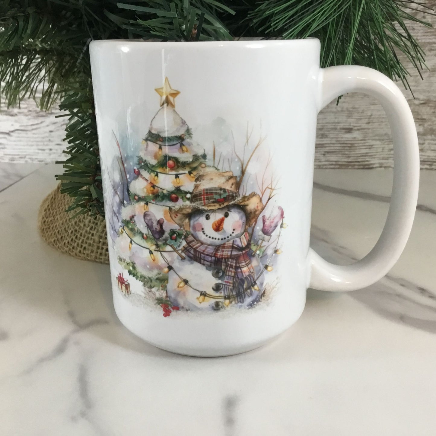 Rustic Snowman with Christmas Tree Ceramic Coffee Mug