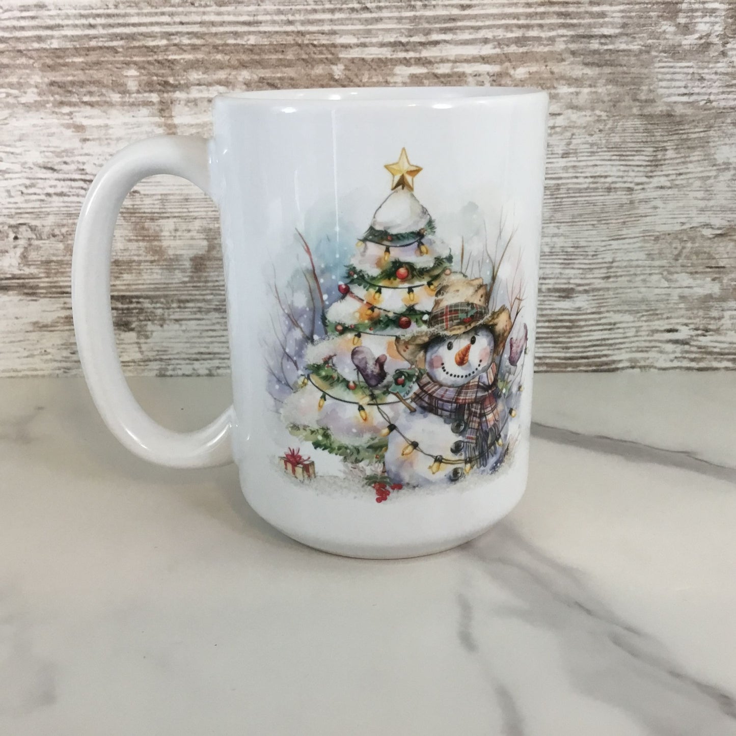 Rustic Snowman with Christmas Tree Ceramic Coffee Mug