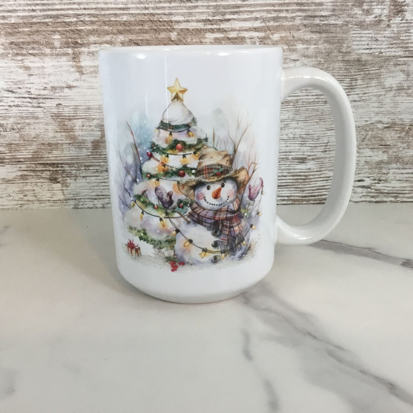 Rustic Snowman with Christmas Tree Ceramic Coffee Mug