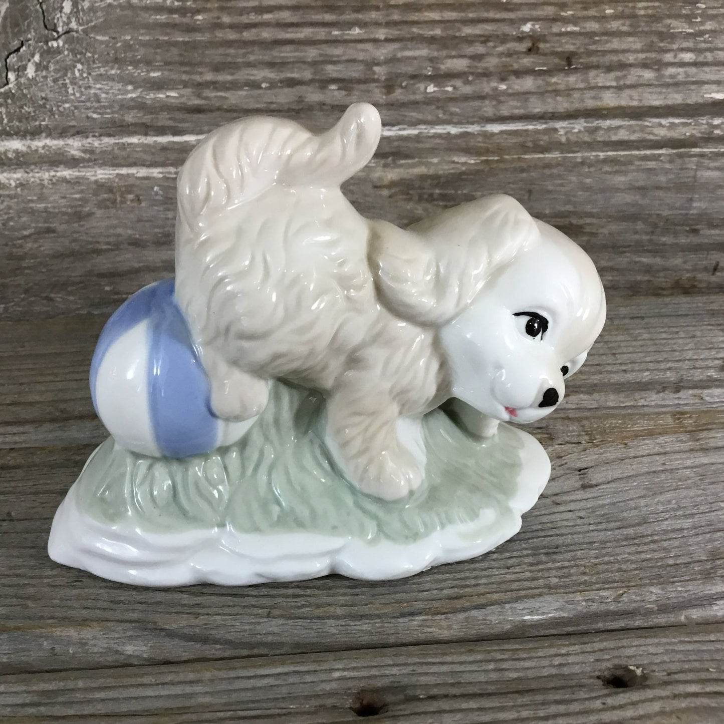 Playful Puppy Ceramic Figurine With Ball White & Blue 4" Tall