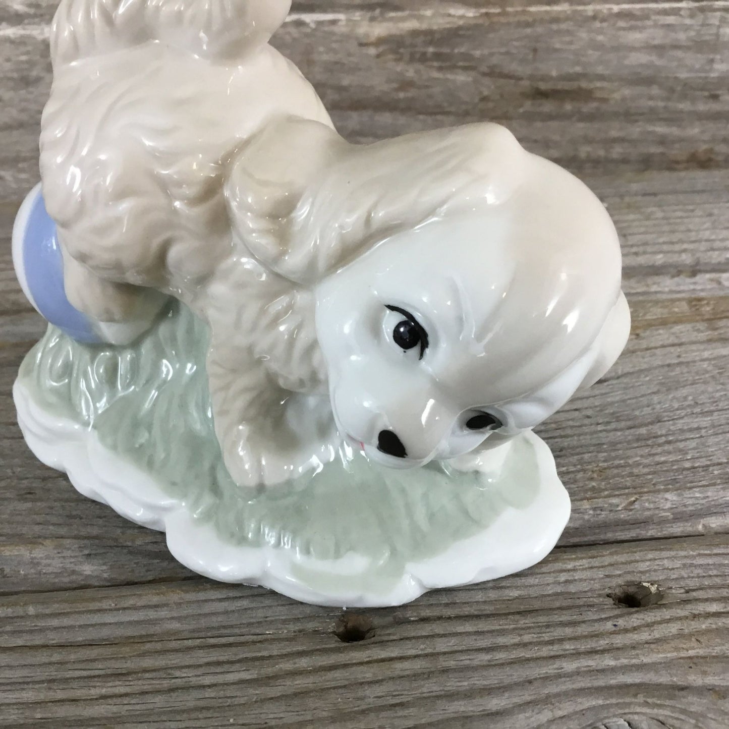 Playful Puppy Ceramic Figurine With Ball White & Blue 4" Tall