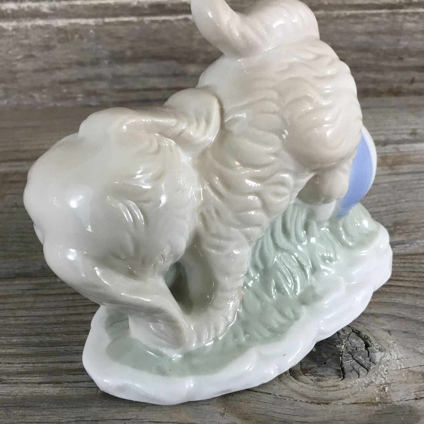 Playful Puppy Ceramic Figurine With Ball White & Blue 4" Tall