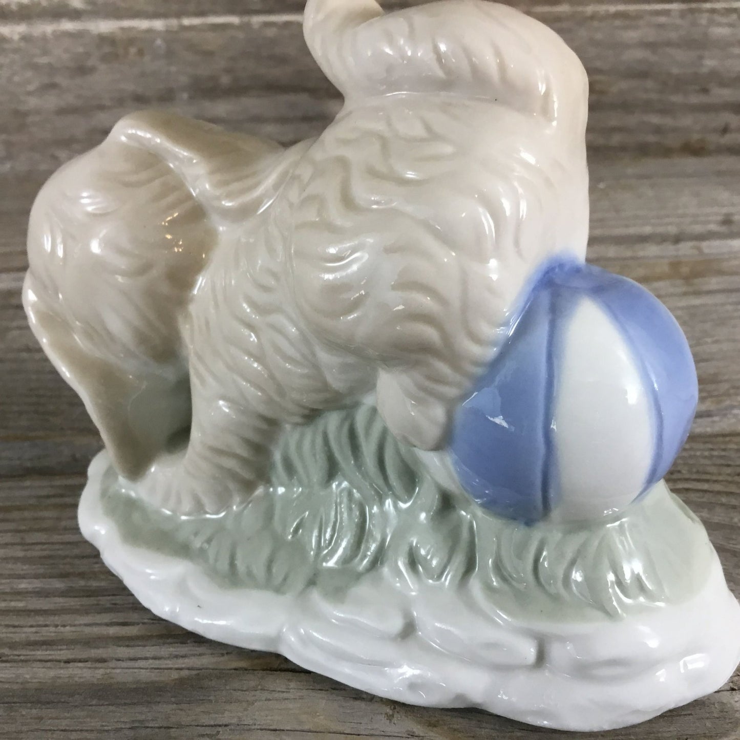 Playful Puppy Ceramic Figurine With Ball White & Blue 4" Tall