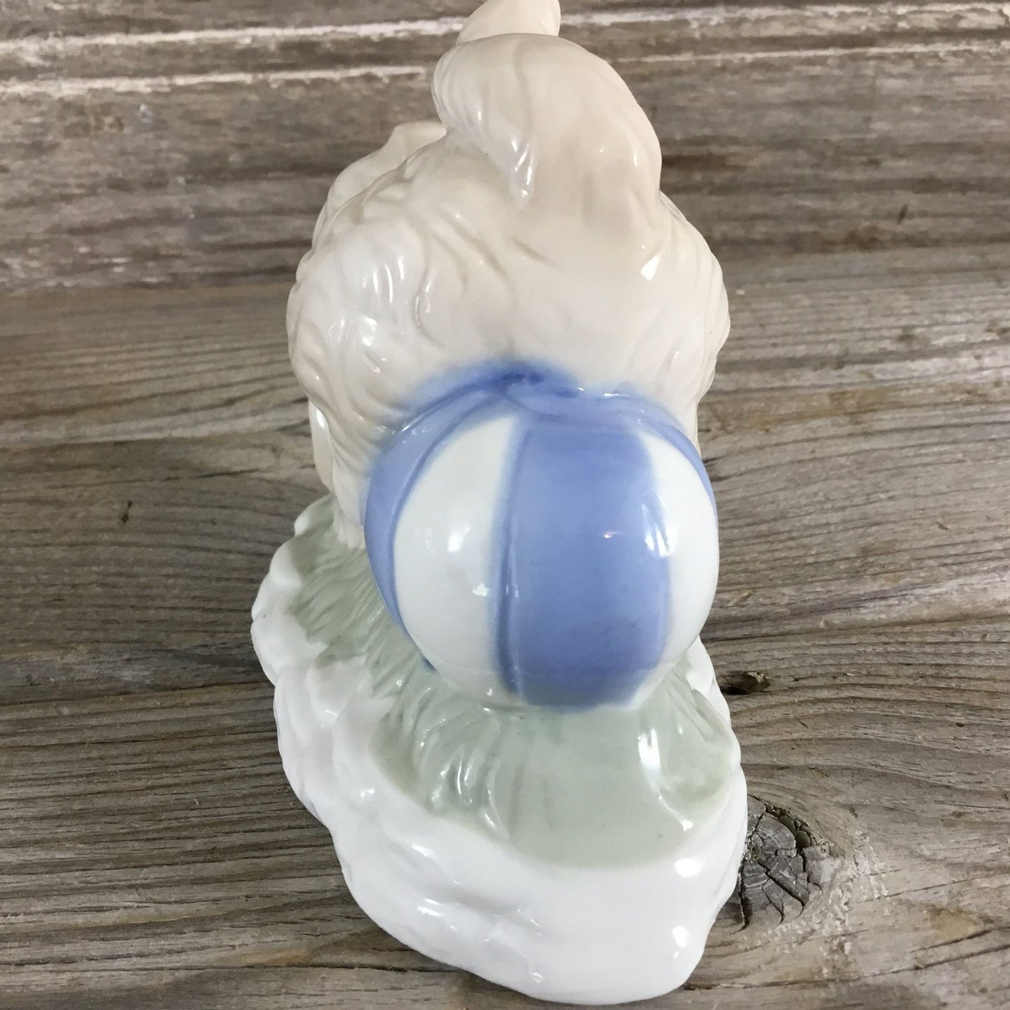 Playful Puppy Ceramic Figurine With Ball White & Blue 4" Tall