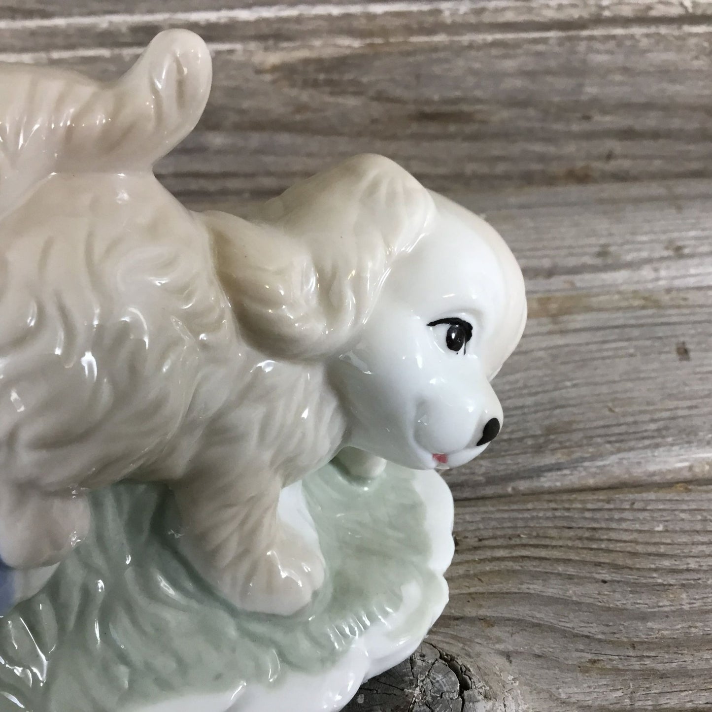 Playful Puppy Ceramic Figurine With Ball White & Blue 4" Tall