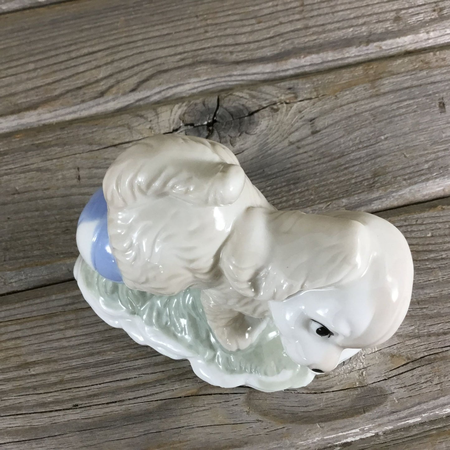 Playful Puppy Ceramic Figurine With Ball White & Blue 4" Tall