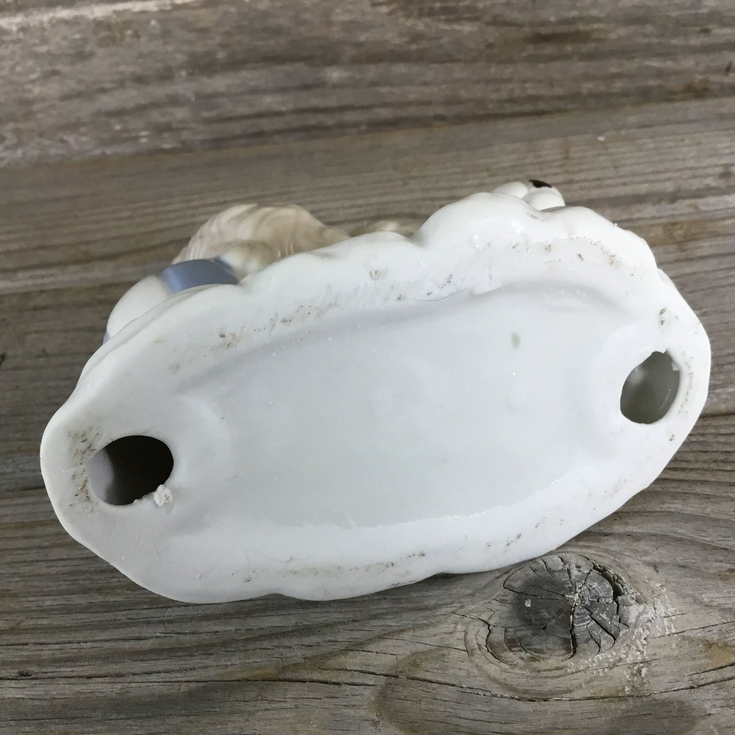 Playful Puppy Ceramic Figurine With Ball White & Blue 4" Tall