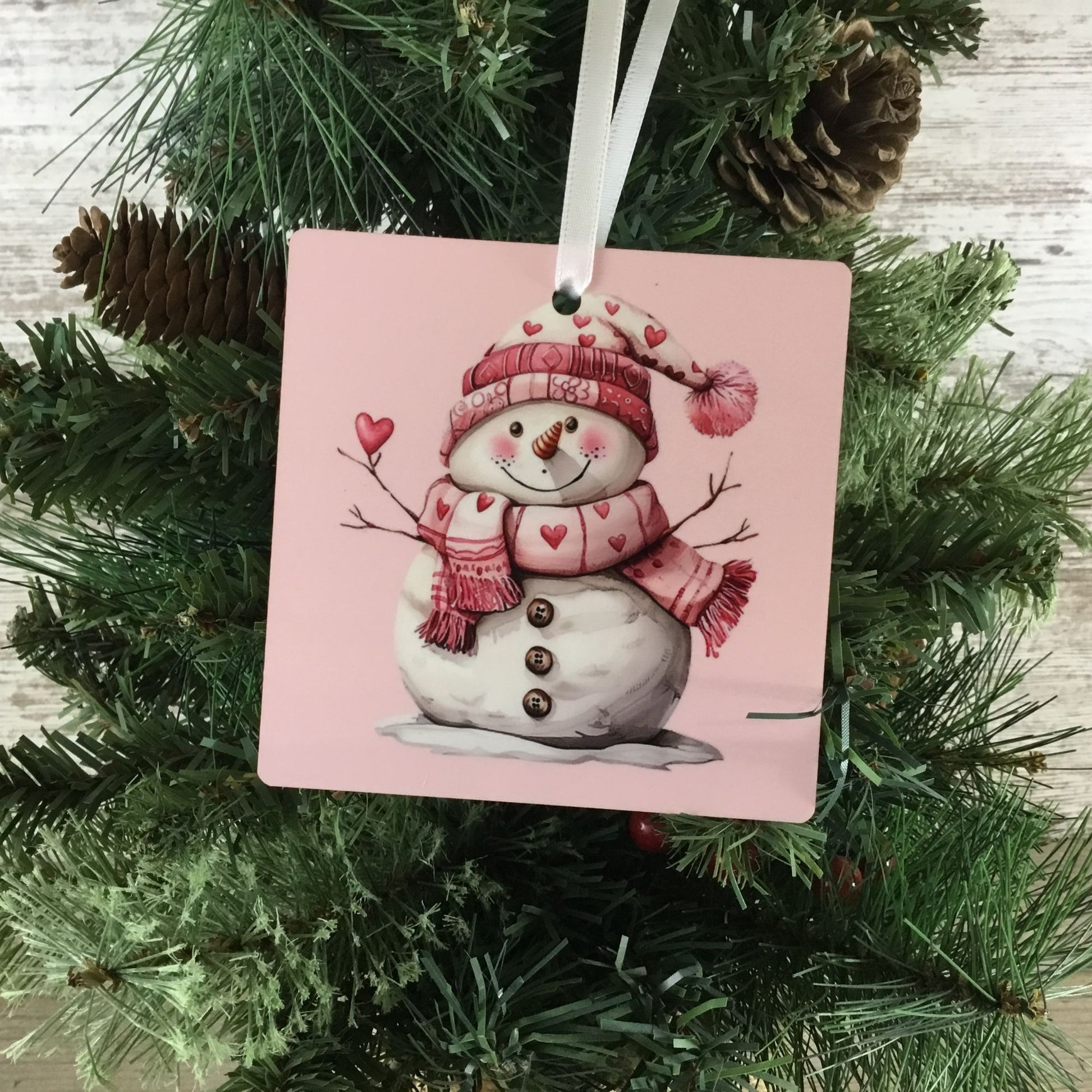 Snowman with Pink Hat & Heart Scarf 3.5" Square Wooden Ornament