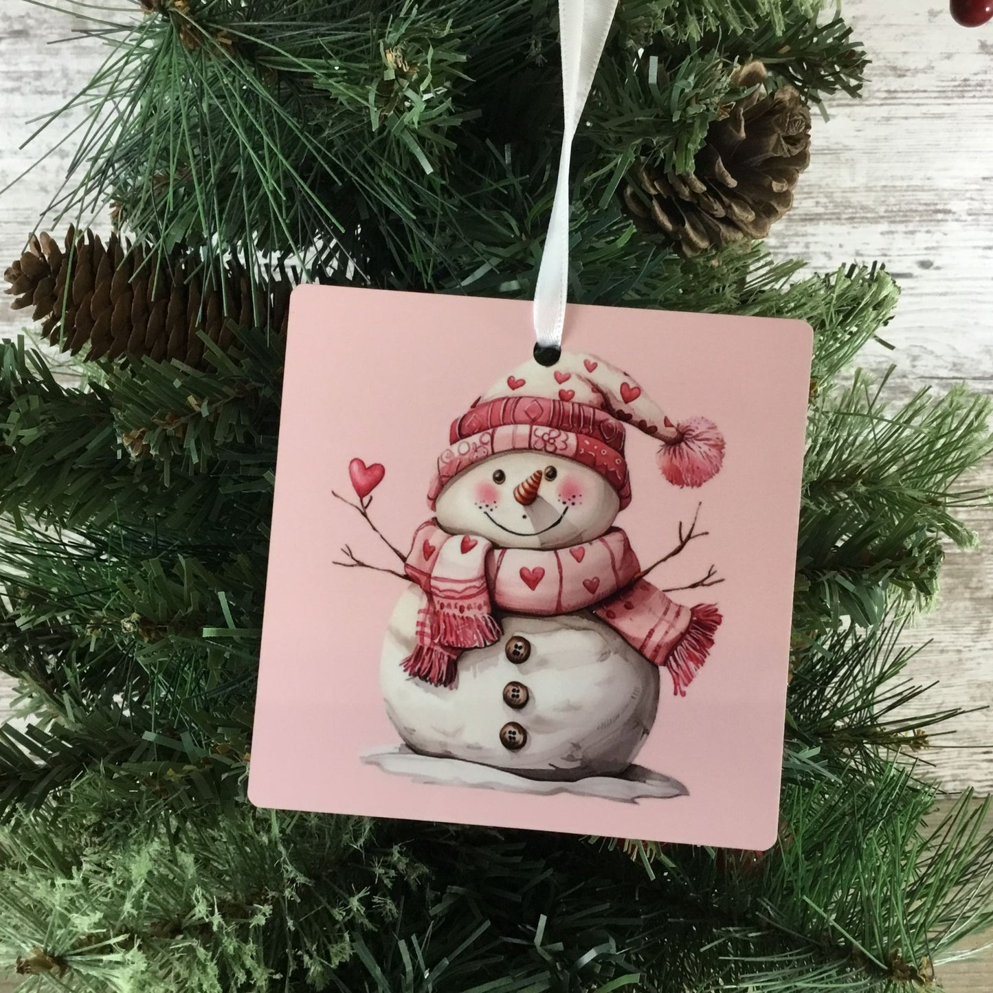 Snowman with Pink Hat & Heart Scarf 3.5" Square Wooden Ornament