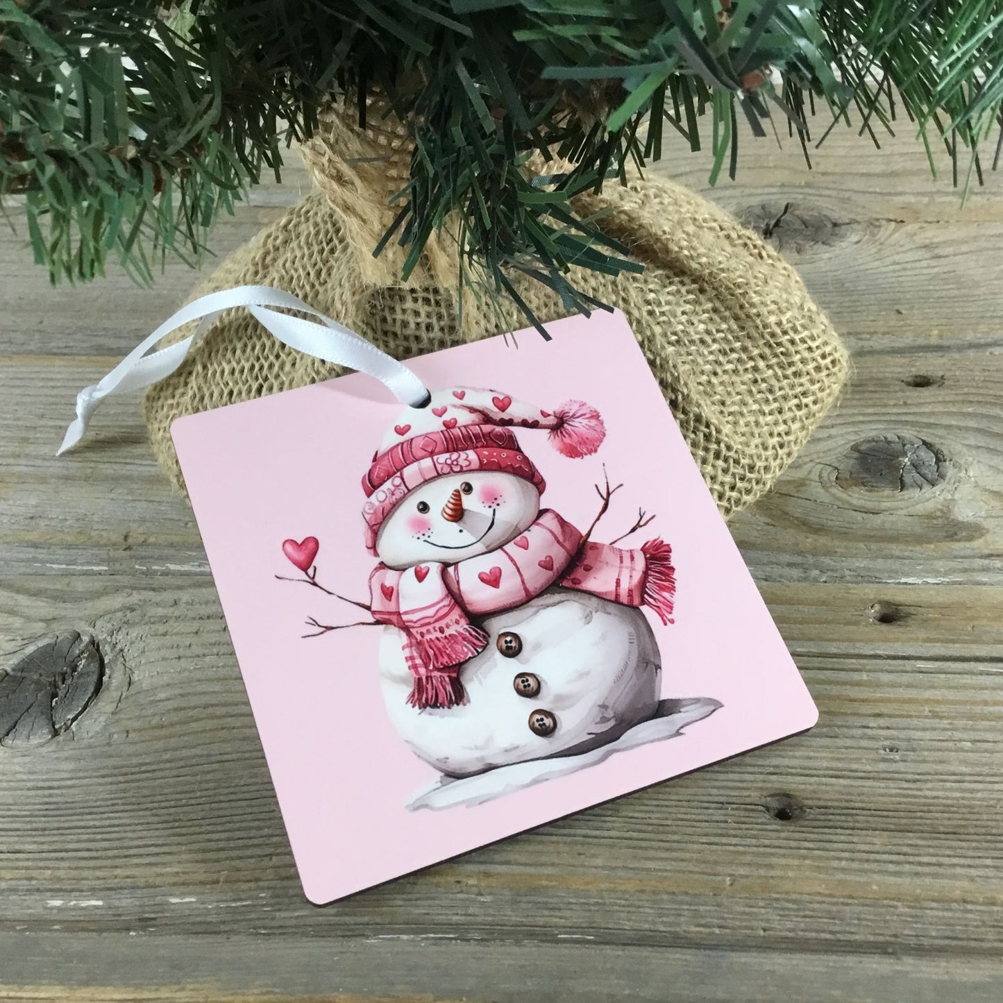 Snowman with Pink Hat & Heart Scarf 3.5" Square Wooden Ornament