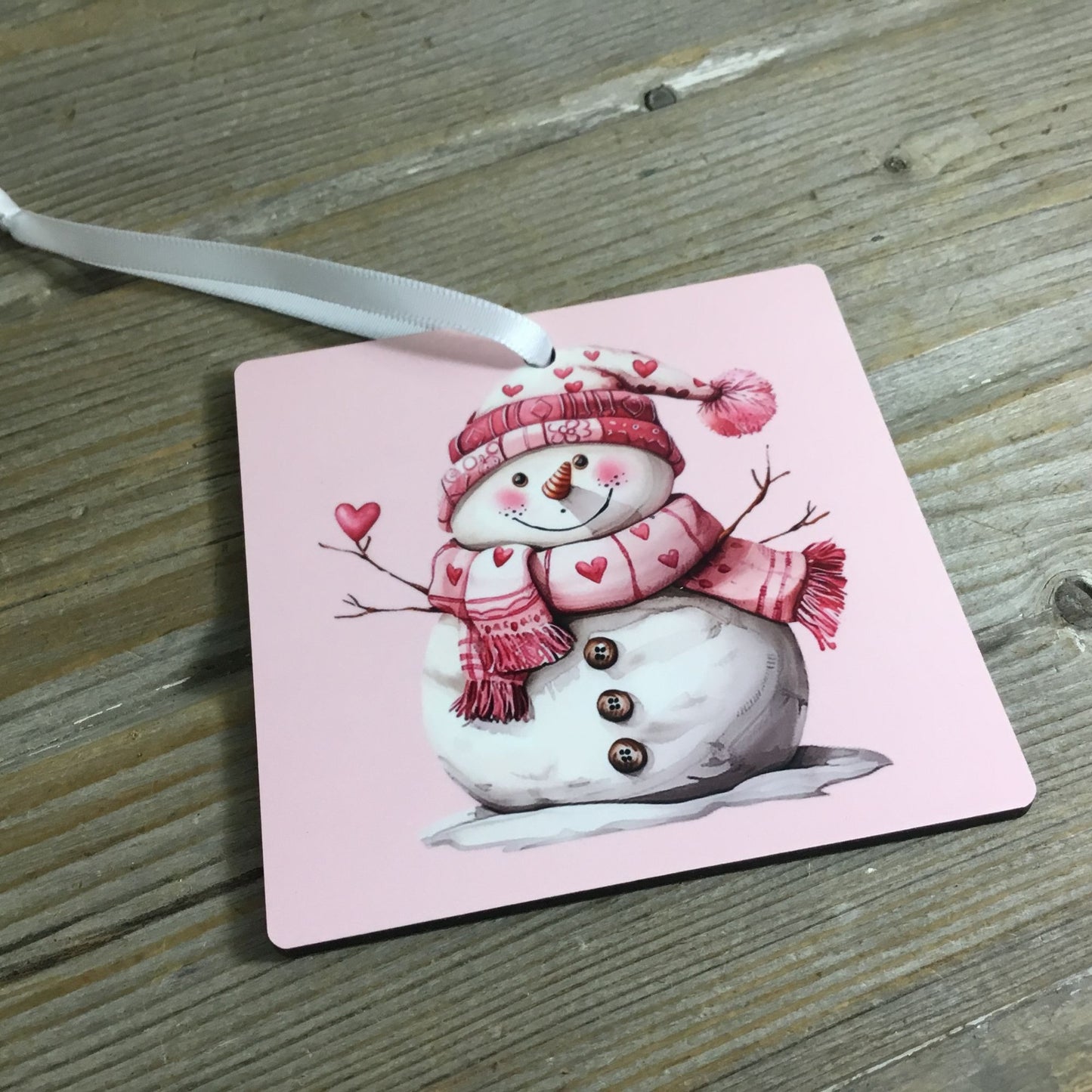 Snowman with Pink Hat & Heart Scarf 3.5" Square Wooden Ornament