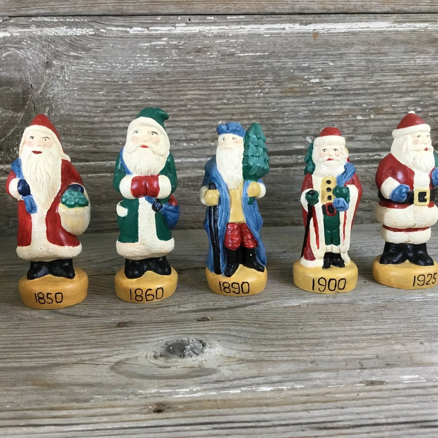 Vintage Wee Crafts Painted Father Christmas Figurines Set of 5 Pre-Cast Gypsum