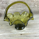 Art Glass Basket Olive Green Crimped Ruffled Edge Square Pattern