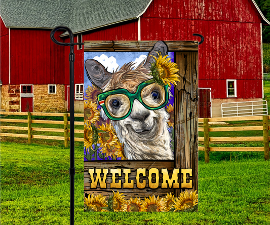 Welcome Alpaca with Glasses Garden Flag