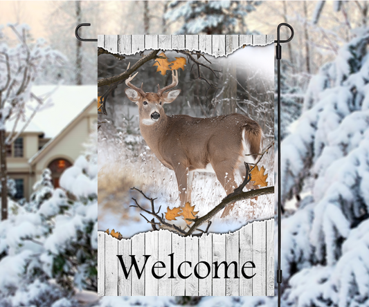 Welcome Buck Deer Winter Garden Flag