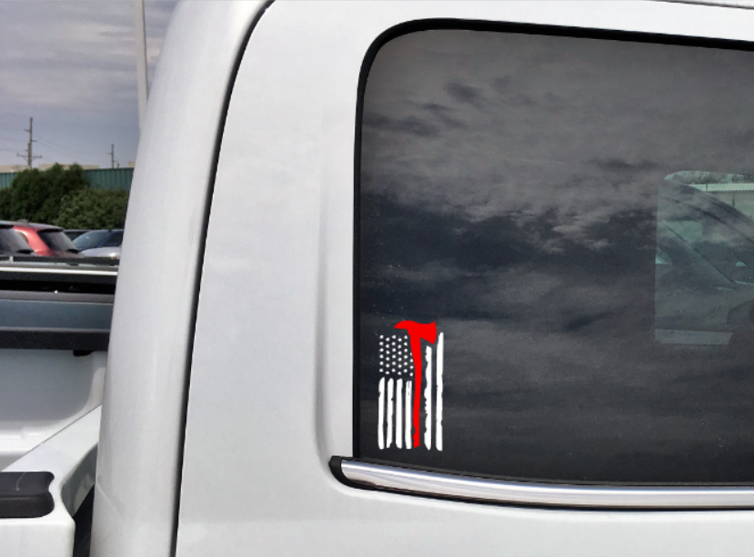 Firefighter Axe Tattered Flag Vinyl Decal