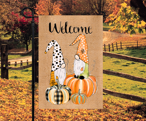 Fall Gnomes and Pumpkins Welcome Garden Flag