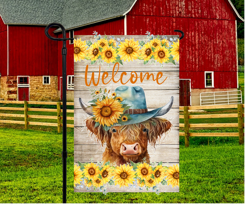 Sunflowers Welcome Highland Cow in Hat Garden Flag