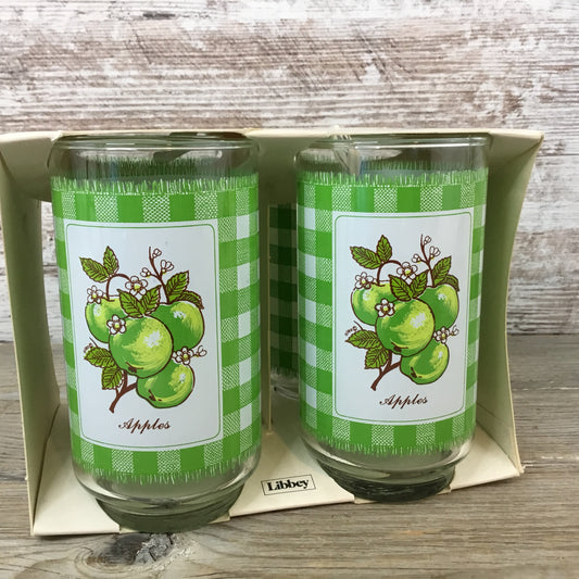 Set of 4 Vintage 1970’s Libbey Green Apple Plaid Pattern Gingham Drinking Glass