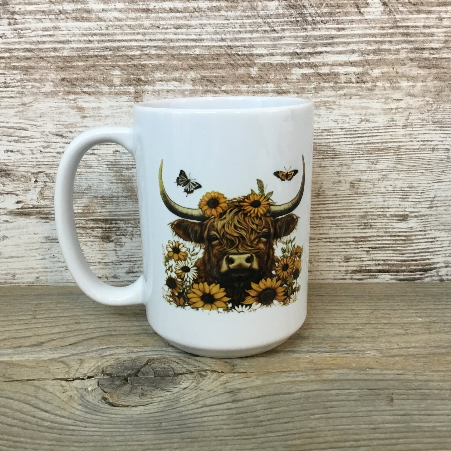 Highland Cow Ceramic Coffee Mug Sunflowers & Butterflies