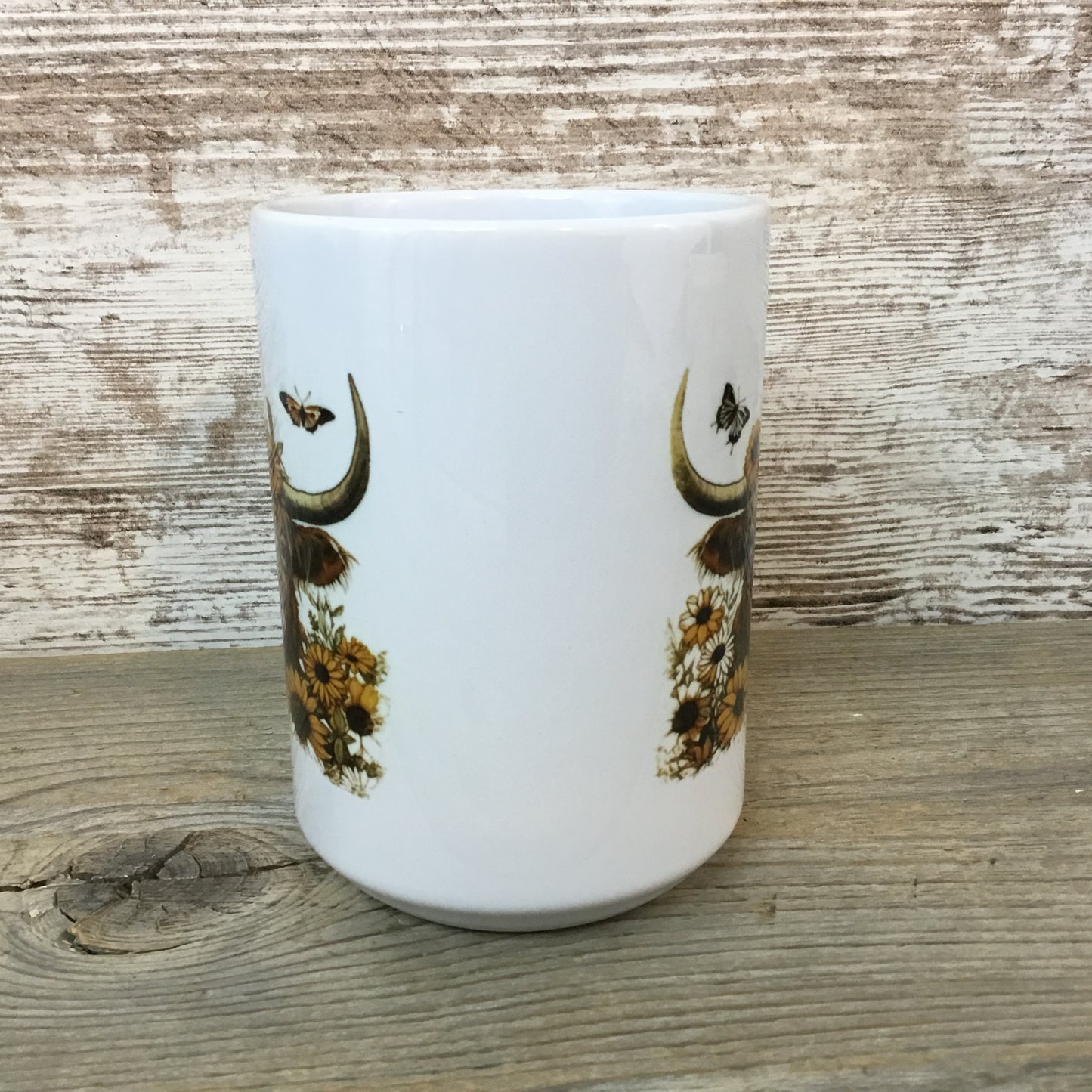 Highland Cow Ceramic Coffee Mug Sunflowers & Butterflies