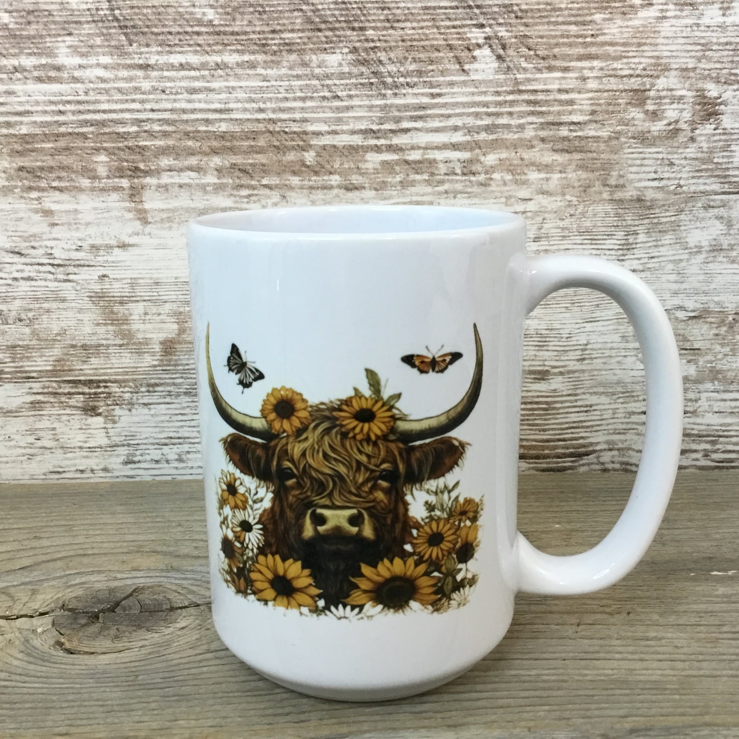 Highland Cow Ceramic Coffee Mug Sunflowers & Butterflies