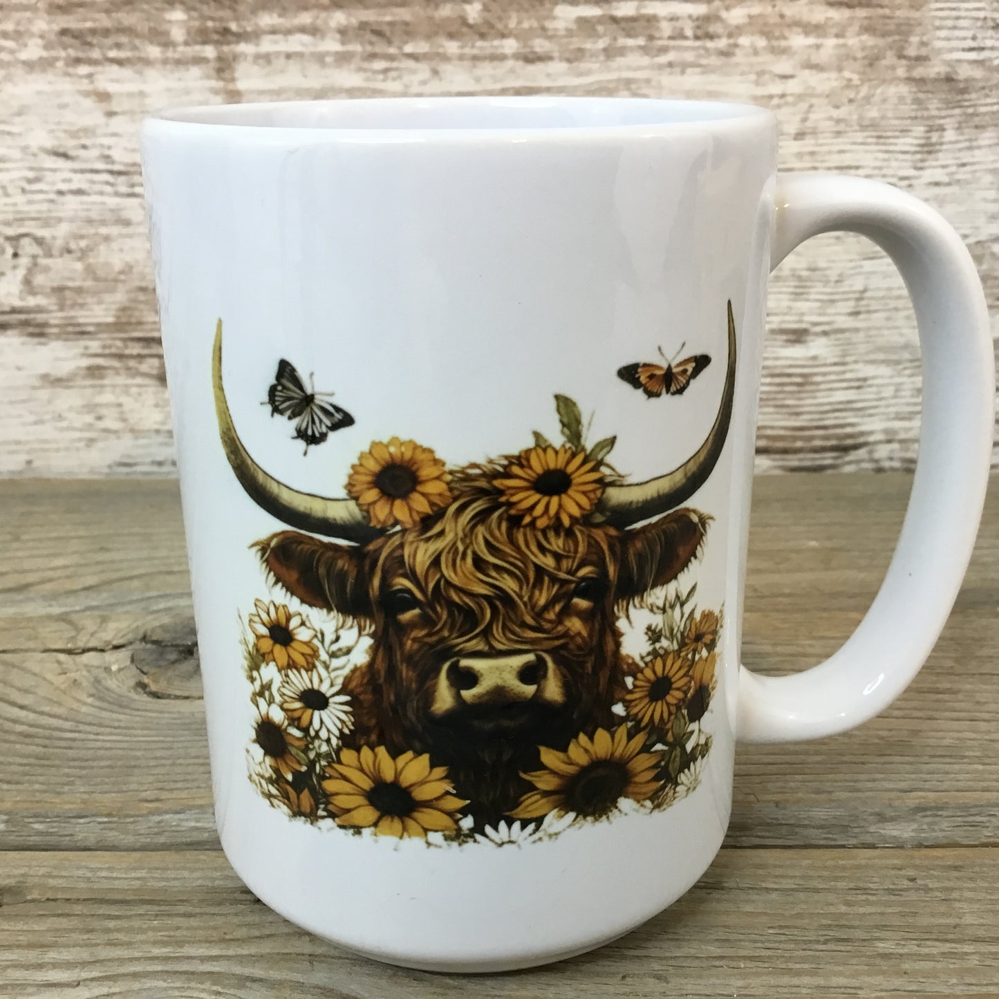 Highland Cow Ceramic Coffee Mug Sunflowers & Butterflies