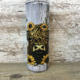 Highland Cow Sunflowers and Butterflies 20 oz Skinny Tumbler with Straw & Lid