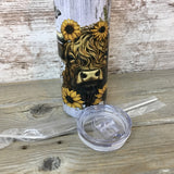 Highland Cow Sunflowers and Butterflies 20 oz Skinny Tumbler with Straw & Lid