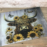 Highland Cow Sunflowers and Butterflies Glass Cutting Board