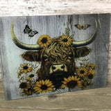 Highland Cow Sunflowers and Butterflies Glass Cutting Board