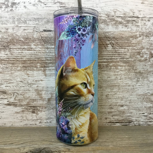 Orange Cat Purple Teal Floral Skinny Tumbler with Straw & Lid