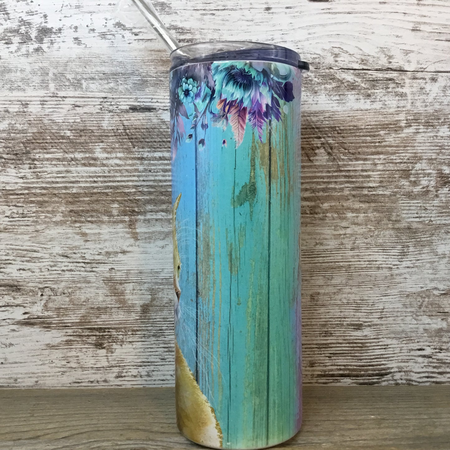 Orange Cat Purple Teal Floral Skinny Tumbler with Straw & Lid