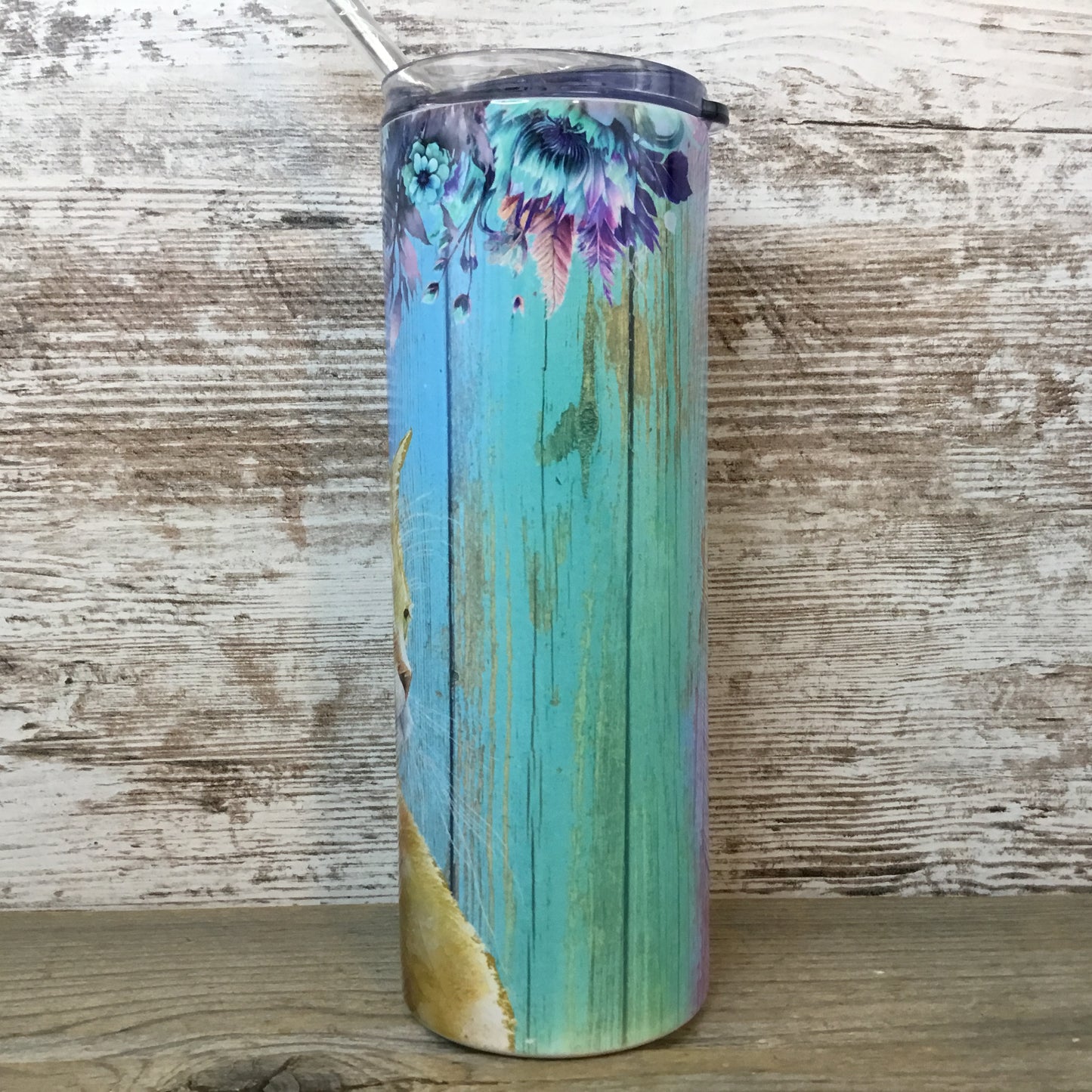 Orange Cat Purple Teal Floral Skinny Tumbler with Straw & Lid