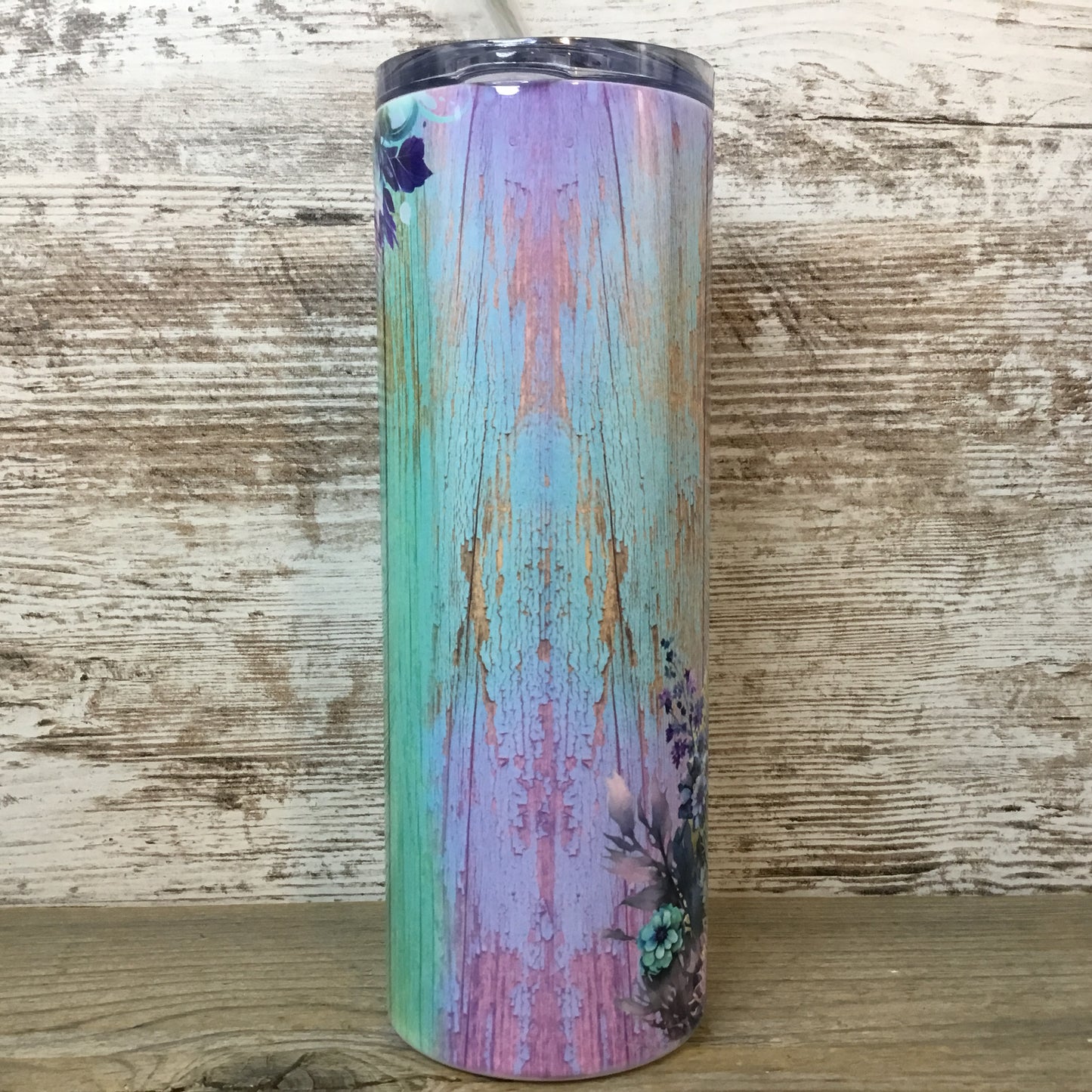 Orange Cat Purple Teal Floral Skinny Tumbler with Straw & Lid