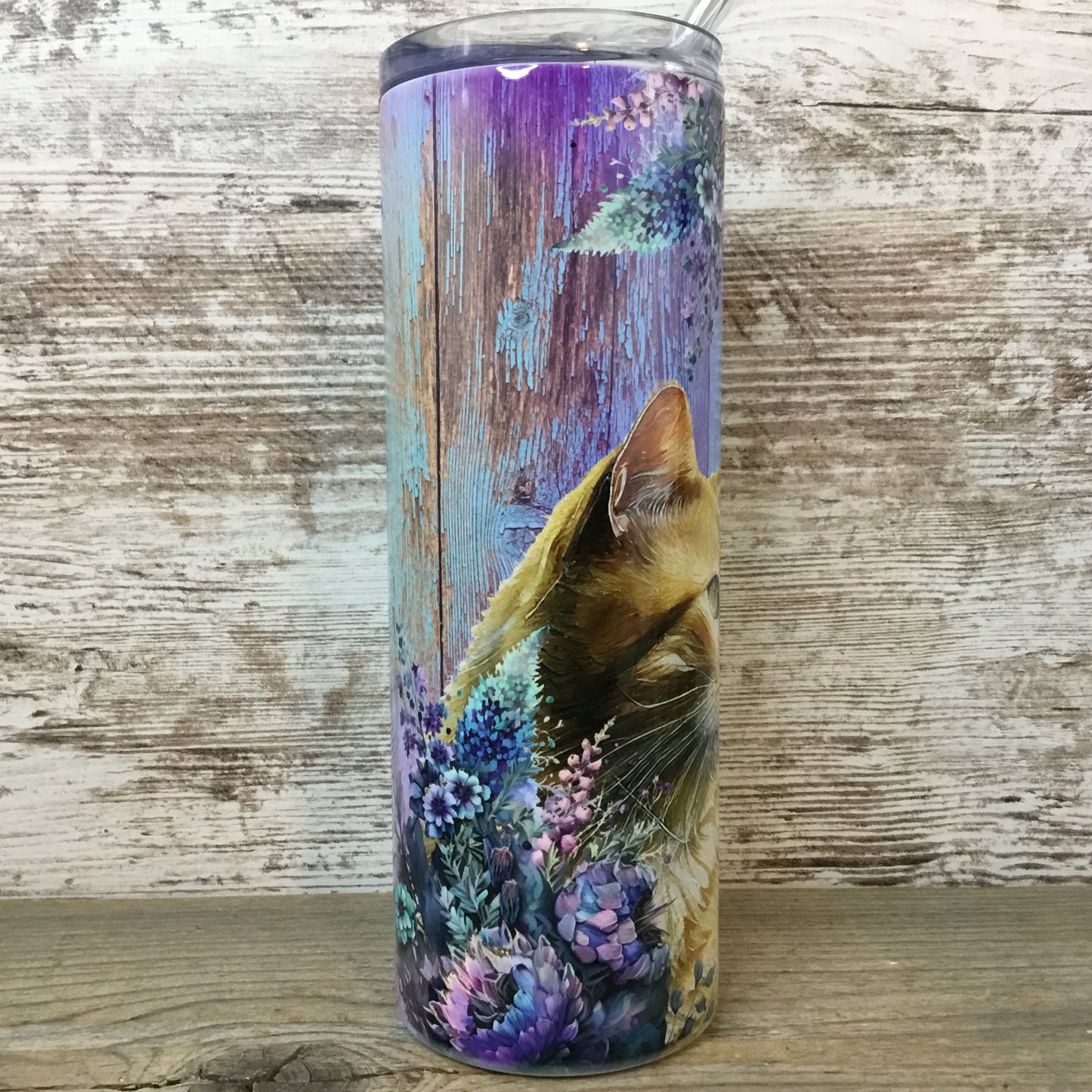 Orange Cat Purple Teal Floral Skinny Tumbler with Straw & Lid